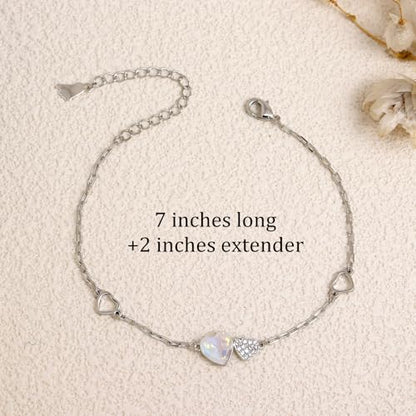 Silver Heart Charm Link Anklet for Women, Adjustable Handmade Cubic Zirconia Stackable Waterproof Summer Beach Chain Anklets Jewelry Accessories Gift - color: Silver Opal Heart