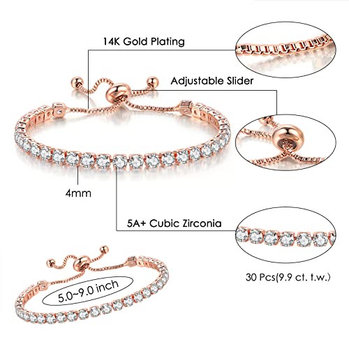 2 Pcs Tennis Bracelets for Women 14K Gold Plated AAA+ Cubic Zirconia CZ Diamond Classic Adjustable Slider Bracelet Fashion Jewelry Wedding Gift Size 6.5-7.5 Inch - color: Rose Gold, size: 7.5 Inches