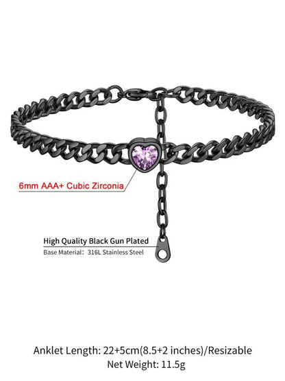 ChainsHouse Cuban Chain Anklets for Women with Heart Birthstone Jan - Dec | Stainless Steel Black Link Chain Ankle Bracelet with Birthstone, Beach Women Anklet 22cm-27cm Adjustable, with Gift Box - color: 06. Jun.-Alexandrite-Black