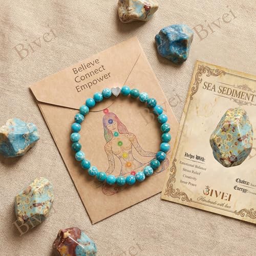 Bivei Crystal Stretch 6mm Bracelets for Women | Handmade Natural Stone Beaded Stretch Bracelet, Stainless Steel Heart Bead, Tranquility Yoga Gift Jewelry for Women - color: Sea Sediment Jasper - Grounding