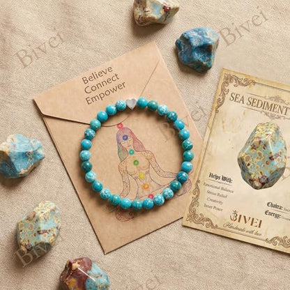 Bivei Crystal Stretch 6mm Bracelets for Women | Handmade Natural Stone Beaded Stretch Bracelet, Stainless Steel Heart Bead, Tranquility Yoga Gift Jewelry for Women - color: Sea Sediment Jasper - Grounding