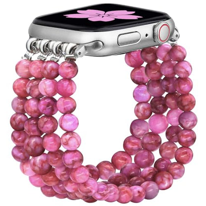 Newlibery Natural Stone Bracelet Beaded-Bands Women Compatible with Apple Watch 38mm 40mm 41mm 42mm (S10/11) Feminine Cute Handmade Stretch Strap for iWatch Series 11/10/9/8/7/6/5/4/3/2/1 SE 3/2/1 - color: A9 Rose Red, size: 38/40/41/42mm(s10/11)