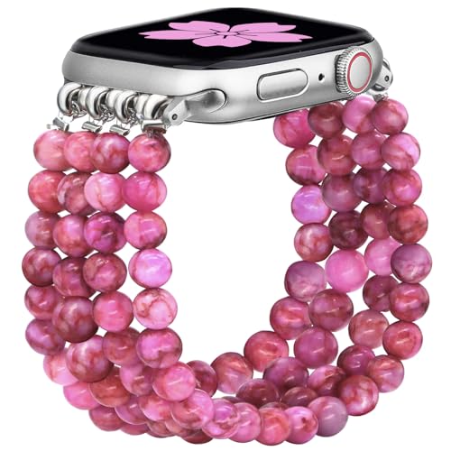 Newlibery Natural Stone Bracelet Beaded-Band Women Compatible with Apple Watch 42mm(S3/2/1) 44/45/46/49mm Feminine Handmade Stretch Strap for iWatch Series 11/10/9/8/7/6/5/4/3/2/1 SE 3/2/1 Ultra1/2/3 - color: A9 Rose Red, size: 46(s10/11)/49/45/44/42mm(s1