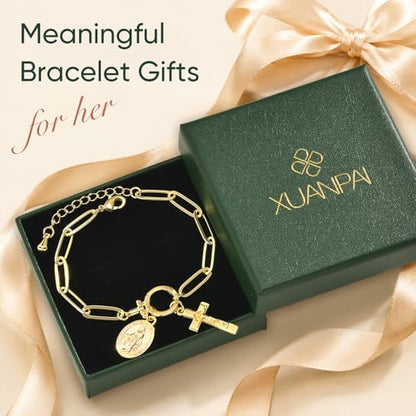 XUANPAI Virgin Mary Cross Bracelet for Women,14K Gold Plated Chain Bracelet,Virgen de Guadalupe Catholic Link Bracelet with Crucifix Charm, No Tarnish Religious Jewelry Gift for Baptism Confirmation - color: Gold-Paperclip Chain