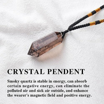 Runyangshi Smoky Quartz Healing Crystal Pendants, Double Pointed Natural Crystal Quartz Necklace 6 Faceted Chakra Crystal Wand Stone Reiki Meditation - color: Smoky