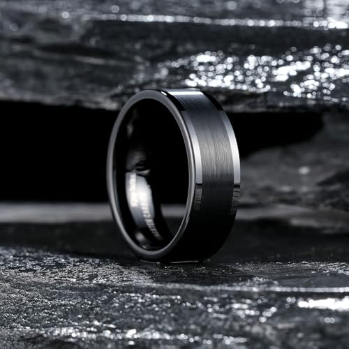 King Will Mens Brushed Wedding Band, Two Tone Matte Step Edges/Pipe Cut, Tungsten Carbide Anniversary Promise Rings Comfort Fit - color: Black Pipe Cut-8mm