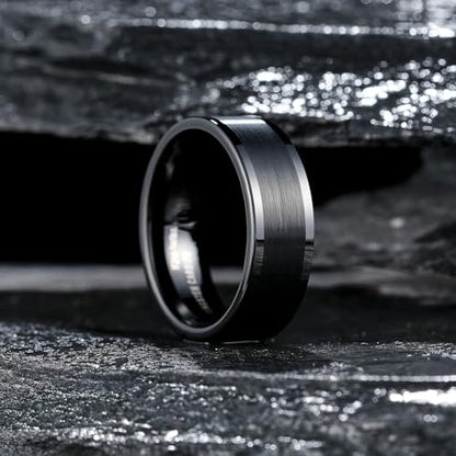 King Will Mens Brushed Wedding Band, Two Tone Matte Step Edges/Pipe Cut, Tungsten Carbide Anniversary Promise Rings Comfort Fit - color: Black Pipe Cut-8mm