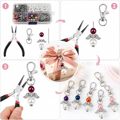 Metacipher 180Pcs DIY Angel Keychain Making Kit with Beads and Pliers ﻿ | Angel Wing Spacers,Pearl Beads,Lobster Clasps,DIY Bag Charm, Jewelry Making Supplies,Party Favor,Crafts for Women - color: White Pearl