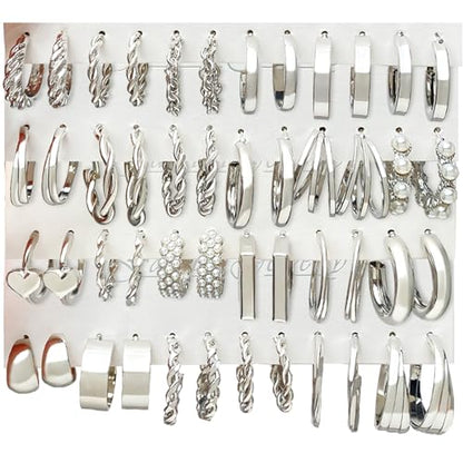 IFKM 24 Pairs Gold Hoop Earrings Set for Women Hypoallergenic Chunky Chain Twisted Open Hoops Dangle Earring Packs for Birthday Party Christmas Fashion Jewelry Gift - color: 24 Pairs Silver