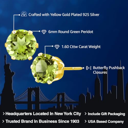 Gem Stone King 1.60 Cttw Natural Round Green Peridot Earrings For Women Men | Round 6MM | Gemstone Birthstone | Yellow Gold Plated Stud Earrings