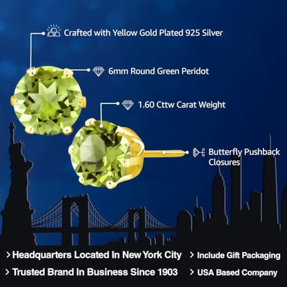 Gem Stone King 1.60 Cttw Natural Round Green Peridot Earrings For Women Men | Round 6MM | Gemstone Birthstone | Yellow Gold Plated Stud Earrings