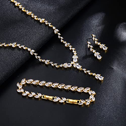 Bridal Wedding Jewelry CZ Set Marquise Teardrop Cubic Zirconia Pendant Necklace and Dangle Earring Bracelet Sets for Women - color: Gold plated - 03