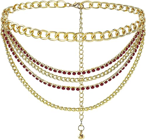 Suyi Multilayer Chain Belt Rhinestone Metal Chain Belts for Women Punk Gold Waist Chain - color: Gold Wine Red, size: M: 110 CM