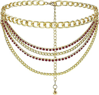 Suyi Multilayer Chain Belt Rhinestone Metal Chain Belts for Women Punk Gold Waist Chain - color: Gold Wine Red, size: L: 130 CM