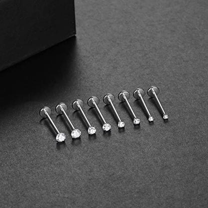 Oveta Threadless Push in Lip Rings 16G/18G/20G Labret Jewelry CZ Lip Studs Stainless Steel Cartilage Earrings for Women Monroe Medusa Piercing Jewelry 6/7/8/10/12mm Bar Length - color: Silver, size: 18G*10mm bar*1.5/2/2.5/3mm cz