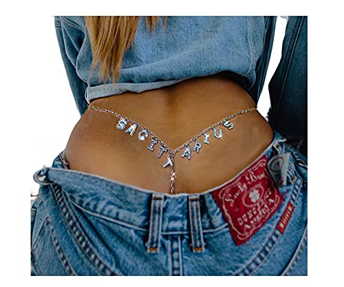 Women Sexy Rhinestone Waist Body Chain Crytal Sexy Letter Pendant Belly Waist Chain T-string Thong Body Jewelry - color: Sagittarius Letter