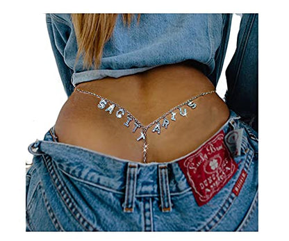 Women Sexy Rhinestone Waist Body Chain Crytal Sexy Letter Pendant Belly Waist Chain T-string Thong Body Jewelry - color: Sagittarius Letter