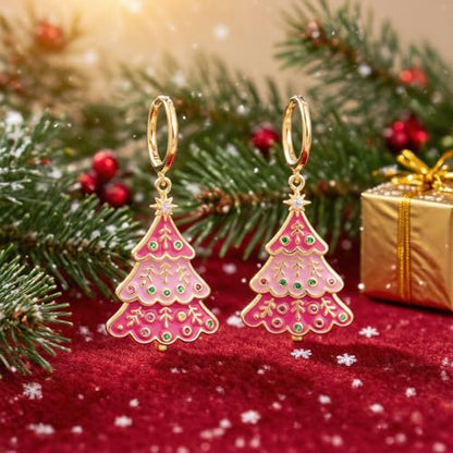 Sonateomber Gold Silver Small Hoop Dangle Earrings for Women, Trendy Dainty Rhinestone CZ Dangling Prom Wedding Leaf Flower Snowflake Butterfly Starfish Fashion Jewelry Gift - color: Pink Tree