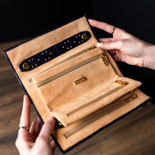 Time Resistance Leather Jewelry Roll - Full Grain Leather Travel Jewelry Case - Jewellery Organizer Made in Italy (Blue) - color: Blue