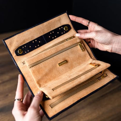 Time Resistance Leather Jewelry Roll - Full Grain Leather Travel Jewelry Case - Jewellery Organizer Made in Italy (Blue) - color: Blue