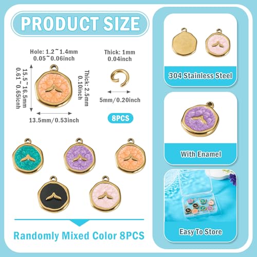 8Pcs Cute Stainless Steel Enamel Charms Flat Round with Fishtail Pendant Mixed Color Animal Theme Dangle Charm with Jump Ring for DIY Necklace Keychain Jewelry Making - color: Fishtail
