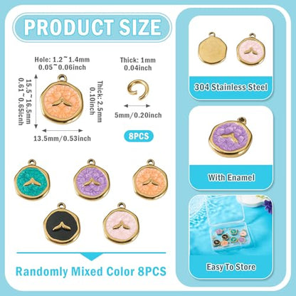 8Pcs Cute Stainless Steel Enamel Charms Flat Round with Fishtail Pendant Mixed Color Animal Theme Dangle Charm with Jump Ring for DIY Necklace Keychain Jewelry Making - color: Fishtail