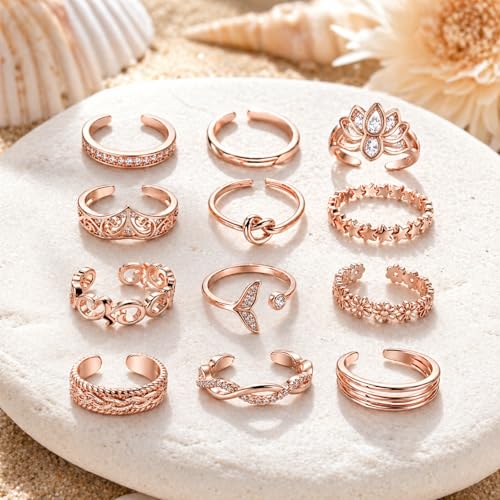 12PCS Toe Rings for Women 14K Gold/Silver Plated Adjustable Toe Ring Set Open Heart Arrow Infinity Rings Beach Foot Jewelry for Summer - color: Rose Gold3