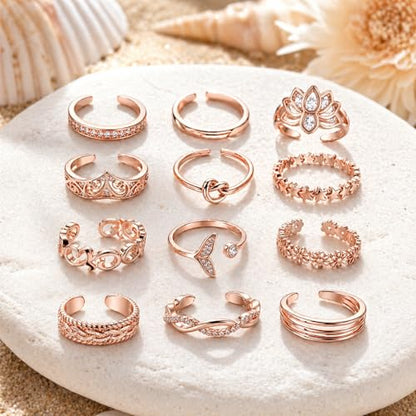 12PCS Toe Rings for Women 14K Gold/Silver Plated Adjustable Toe Ring Set Open Heart Arrow Infinity Rings Beach Foot Jewelry for Summer - color: Rose Gold3