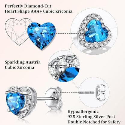 Bestyle Sparkling 925 Sterling Silver Birthstone Stud Earrings for Women, Heart/Round/Teardrop/Square Solitaire Diamond Studs Earrings, Great Birthday/Christmas Gifts - style: 12. Blue Topaz-Dec.-heart