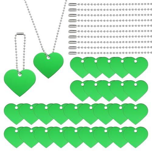 PATIKIL 60 Pcs Blank Dog Tags Set, Including 30 Pcs Aluminum Metal Stamping Heart Shape Label 30 Pcs Ball Steel Chain for DIY Decor Laser Engraving Necklace, Green - color: Green