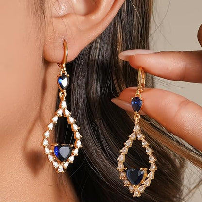 18K Gold Plated Flower Dangle Earrings for Women, Hypoallergenic Cubic Zirconia Earrings, Elegant CZ Drop Earrings, Statement Jewelry Gifts Party Fashion - style: OBS7508-Navy
