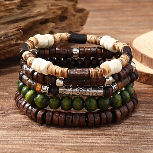 Wooden Beads Stretch Bracelet Multi-Layered Stretch Bracelet for Women Men Elastic Bracelet 5pcs - color: A-01