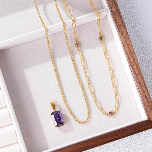 Birthstone Layered Pendant Paperclip Necklace 18k Gold Plated Heart Choker Chain Necklace Emerald Cut Jewelry Birthday Gift for Women - color: Emerald-Cut Amethyst
