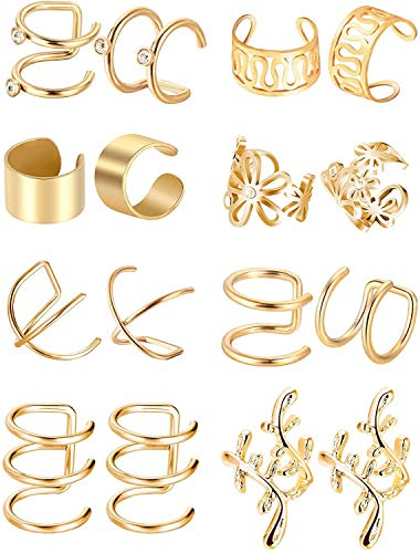 16pcs Stainless Steel Ear Cuff Earrings for Men Women Non Piercing Clip On Cartilage Earcuff Wrap Hypoallergenic Earrings Set - color: gold