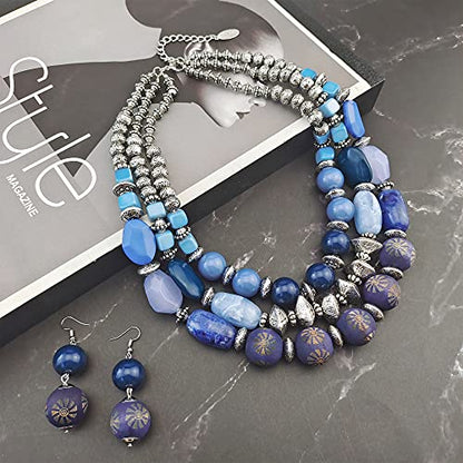Bocar 3 Layer Chunky Statement Beaded Necklace and Earrings Set, Fashion Multi Layer Women Collar Necklace Jewelry Set - color: True Navy