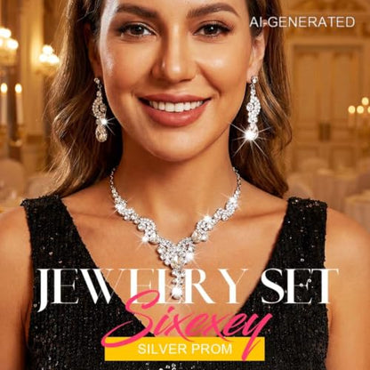 Sixexey Rhinestone Jewelry Set Crystal Necklace and Earrings Wedding Prom Jewelry Accessories for Women - color: Silver