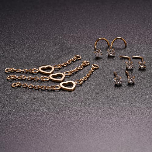 Nose Ring Chain Across Nose Black Stainless Steel Nostril Nose Piercing Chain with Cubic Zirconia Nose Screw Bone L-Shaped Ring for Women Body Piercing Nostril Jewelry with Bridge Chain - color: Gold-Single Heart Nose Chain Studs