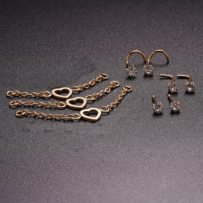 Nose Ring Chain Across Nose Black Stainless Steel Nostril Nose Piercing Chain with Cubic Zirconia Nose Screw Bone L-Shaped Ring for Women Body Piercing Nostril Jewelry with Bridge Chain - color: Gold-Single Heart Nose Chain Studs