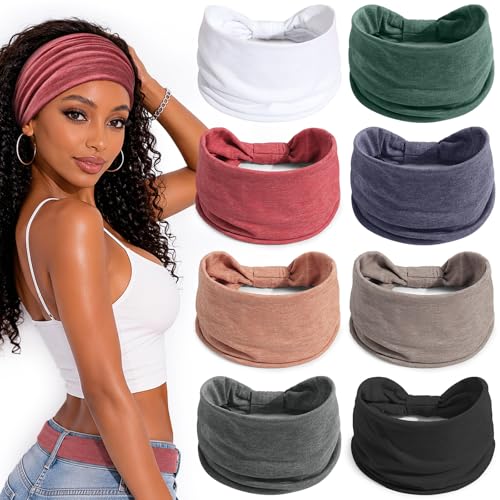 Awumbuk Wide Headbands for Women Knotted Non Slip, 8 Pack Soft Head Bands to Hide Hairline, Fashion Boho Style Bandana, Moisture Wicking Hair Bands for Workout Sports Yoga Makeup - color: Solid color green