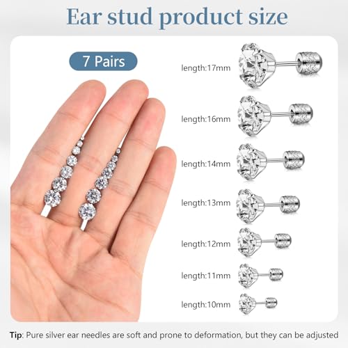 7 Pairs 20G Stainless Steel Stud Earrings Set Cubic Zirconia CZ Earrings Multi Size 2mm-8mm - color: Silver, size: Modern