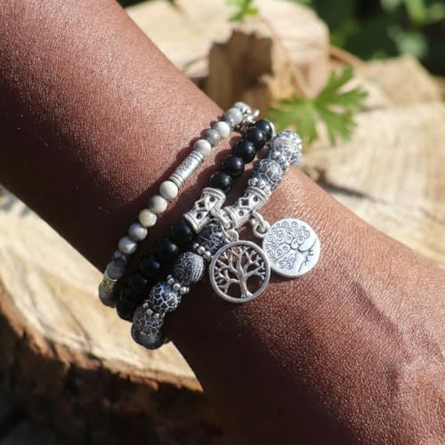 YGLINE Tree of Life Yoga Healing Stone Bracelets,Multilayer Lotus Chakra Stone Reiki Bracelet Sets,Anxiety Crystal Natural Stone,for Women Stress Relief - color: black wind fossilpicture jasper