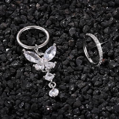 THUNARAZ 14G Hoop Belly Button Rings for Women CZ Clicker Navel Piercing | Surgical Stainless Steel Belly Navel Rings, Hoop Heart Butterfly Dangle Belly Piercing Jewelry - color: Silver Tone-Dangle Butterfly