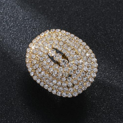 Rhinestone Finger Ring for Women Sparkly Crystal Butterfly Flower Leaf Adjustable Statement Chain Rings Punk Jewelry - color: Gold Oval