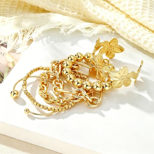 Golden Bangle Bracelets Set for Women, 14k Gold-Plated Multi Layer Stackable Cuff Bracelets, Personalized Boho Non Tarnish Adjustable Bangle Jewelry Gift for Her - color: 6PCS Gold Flower