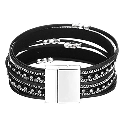 Fesciory Leather Wrap Bracelets for Women, Boho Western Layered Jewelry | Layered leather cuff bracelets, Easy on and off, Boho western style, Daily wear, Gift for women - color: Black 3