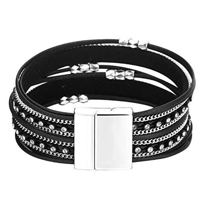 Fesciory Leather Wrap Bracelets for Women, Boho Western Layered Jewelry | Layered leather cuff bracelets, Easy on and off, Boho western style, Daily wear, Gift for women - color: Black 3