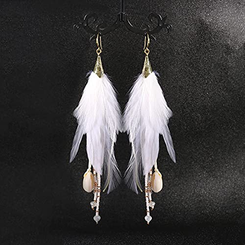 Bohemian Feather Dangle Earrings for Women with Shell Beads Long Tassel Design Drop Earrings - style: Style-Pure White