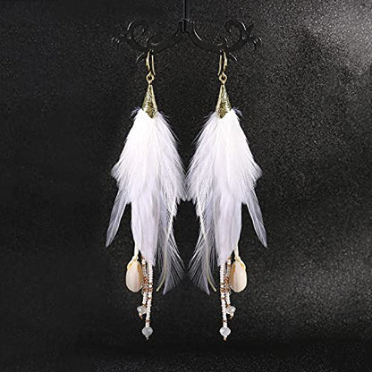 Bohemian Feather Dangle Earrings for Women with Shell Beads Long Tassel Design Drop Earrings - style: Style-Pure White