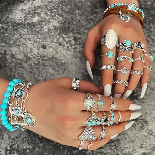 IFKM Bohemian Jewelry Set With Turquoise Necklace, Dangle Earrings, Stackable Bangle Bracelets, Knuckle Rings For Women Vintage Western Boho Turquoise Anniversary Birthday Friendship Gift - style: Bohemian style