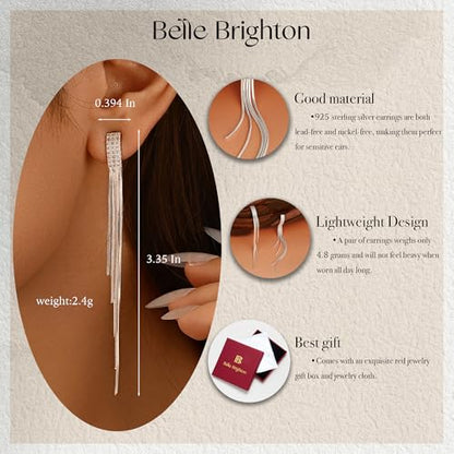 Long Dangle Earrings for Women, Tassel Chain Drop Threader Earrings | 18K Gold Plated, 925 Sterling Silver Posts, Set with cubic zirconia, Hypoallergenic, Non Tarnish, Lightweight, Red Gift Box - color: Silver